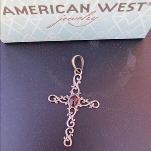 American West Ornate Silver Cross pendant with Garnet Birthstone